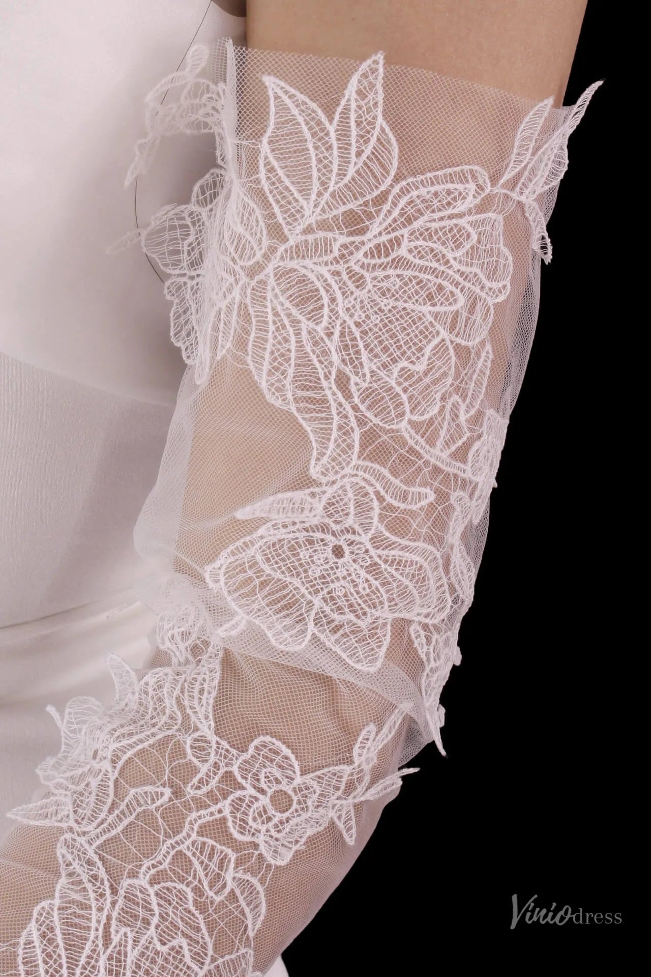 White Lace Appliqué Sheer Tulle Bridal Gloves – Romantic Fingerless Wedding Gloves for Women WG224-Bridal Gloves 2026-Viniodress-Ivory-