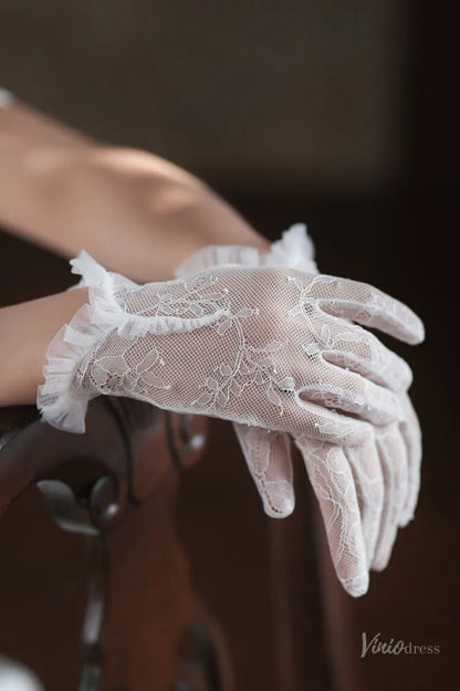 White Lace Bridal Gloves with Ruffle Cuff – Short Romantic Wedding Gloves for Women WG061-Bridal Gloves 2026-Viniodress-Ivory-
