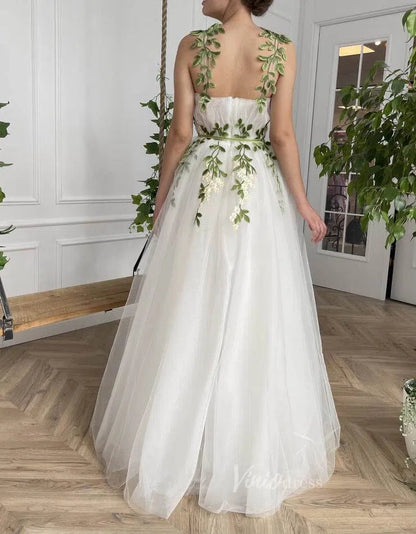 White Long Tulle Prom Dress with Pockets Meadow Green Leaf Appliques Yellow Floral Details FD1127-wedding dresses 2025 -Viniodress-Ivory-Custom Size-