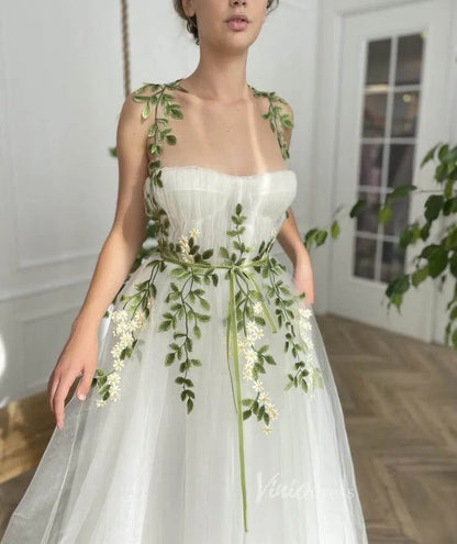 White Long Tulle Prom Dress with Pockets Meadow Green Leaf Appliques Yellow Floral Details FD1127-wedding dresses 2025 -Viniodress-Ivory-Custom Size-