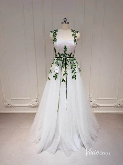 White Long Tulle Prom Dress with Pockets Meadow Green Leaf Appliques Yellow Floral Details FD1127-wedding dresses 2025 -Viniodress-Ivory-Custom Size-
