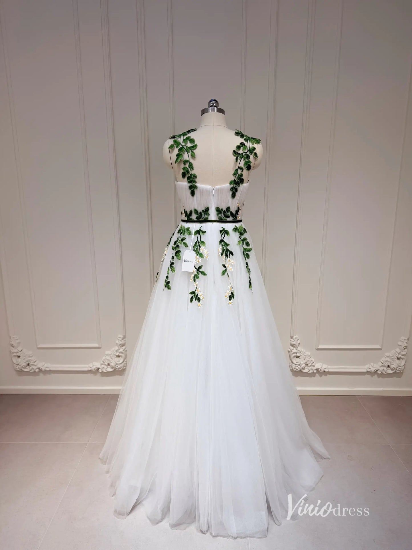 White Long Tulle Prom Dress with Pockets Meadow Green Leaf Appliques Yellow Floral Details FD1127-wedding dresses 2025 -Viniodress-Ivory-Custom Size-