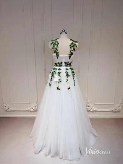 White Long Tulle Prom Dress with Pockets Meadow Green Leaf Appliques Yellow Floral Details FD1127-wedding dresses 2025 -Viniodress-Ivory-Custom Size-