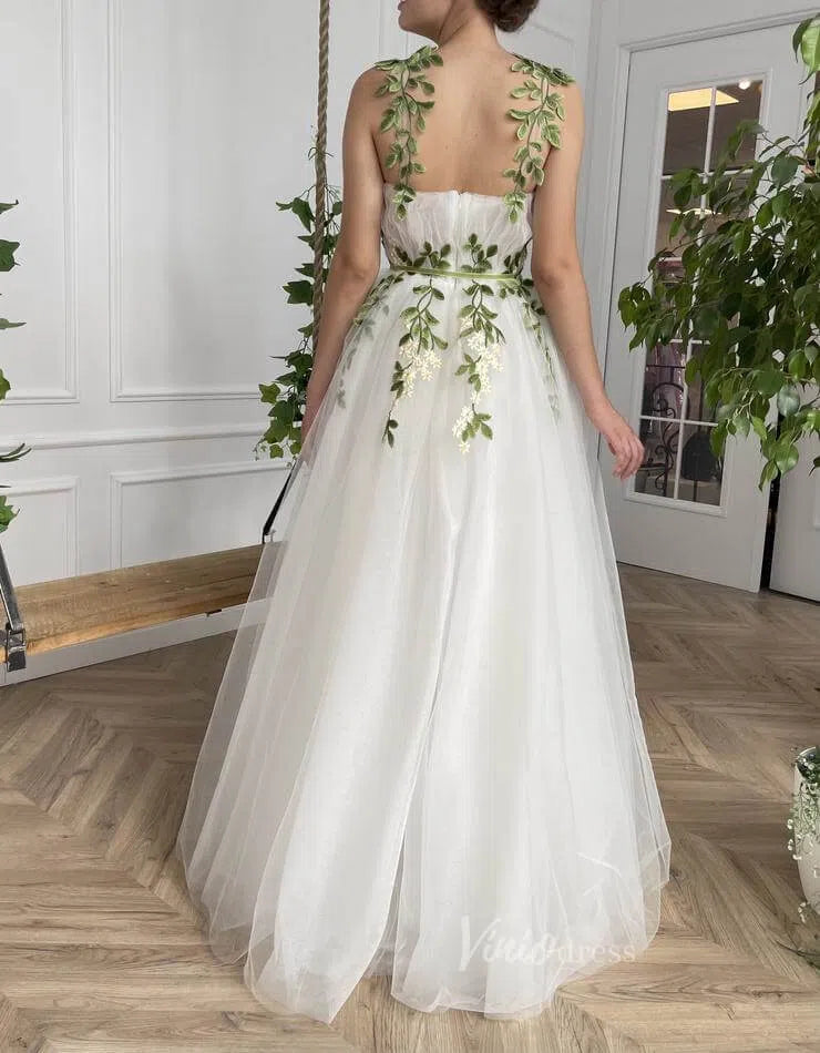 White Long Tulle Prom Dress with Pockets Meadow Green Leaf Appliques Yellow Floral Details FD1127-wedding dresses 2025 -Viniodress-Ivory-Custom Size-