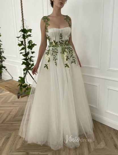 White Long Tulle Prom Dress with Pockets Meadow Green Leaf Appliques Yellow Floral Details FD1127-wedding dresses 2025 -Viniodress-Ivory-Custom Size-