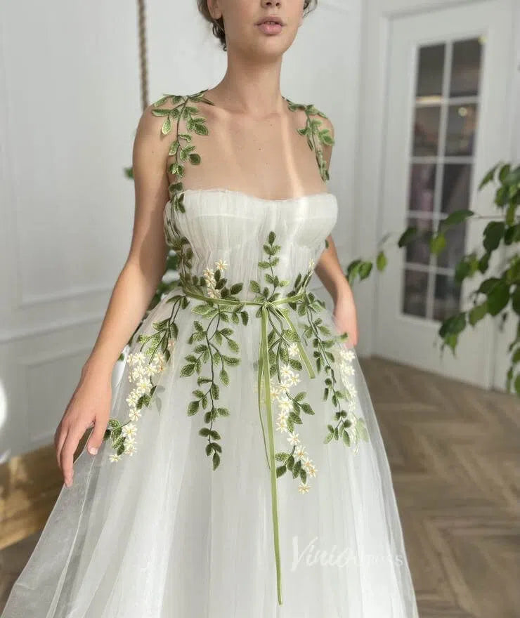 White Long Tulle Prom Dress with Pockets Meadow Green Leaf Appliques Yellow Floral Details FD1127-wedding dresses 2025 -Viniodress-Ivory-Custom Size-