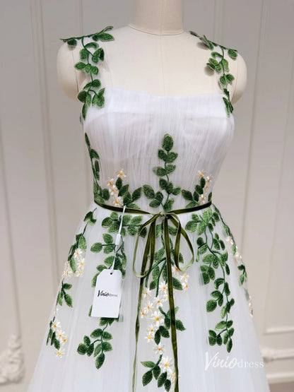 White Long Tulle Prom Dress with Pockets Meadow Green Leaf Appliques Yellow Floral Details FD1127-wedding dresses 2025 -Viniodress-Ivory-Custom Size-