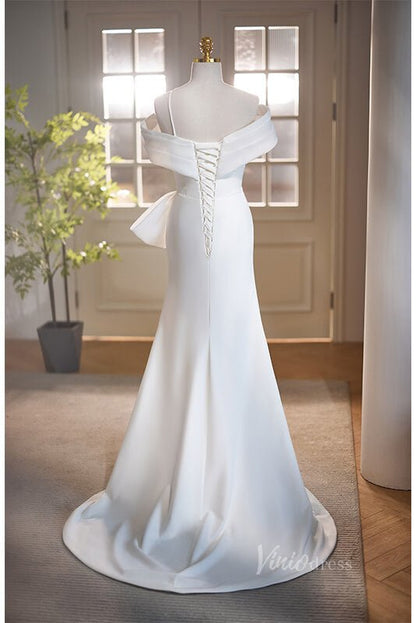 White Mermaid Satin Prom Dresses with Slit Off the Shoulder Evening Dress AD1113-prom dresses 2025 -Viniodress-White-Custom Size-