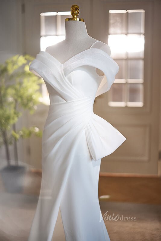 White Mermaid Satin Prom Dresses with Slit Off the Shoulder Evening Dress AD1113-prom dresses 2025 -Viniodress-White-Custom Size-