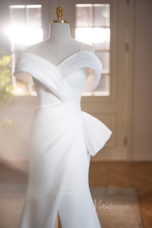 White Mermaid Satin Prom Dresses with Slit Off the Shoulder Evening Dress AD1113-prom dresses 2025 -Viniodress-White-Custom Size-