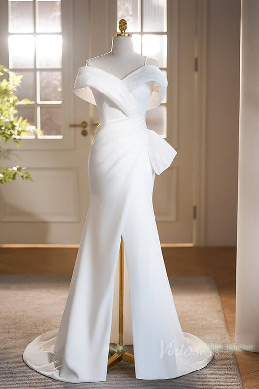 White Mermaid Satin Prom Dresses with Slit Off the Shoulder Evening Dress AD1113-prom dresses 2025 -Viniodress-White-Custom Size-
