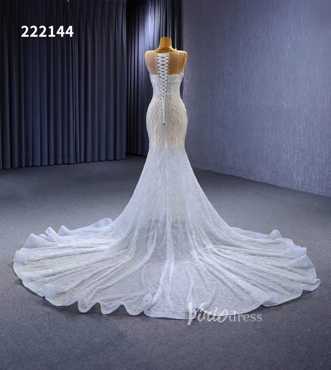 White Mermaid Wedding Dress Beaded Sheer Bridal Gown 222144-Evening Dresses 2025 -Viniodress-Ivory-Custom Size-