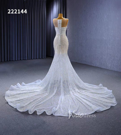 White Mermaid Wedding Dress Beaded Sheer Bridal Gown 222144-Evening Dresses 2025 -Viniodress-Ivory-Custom Size-