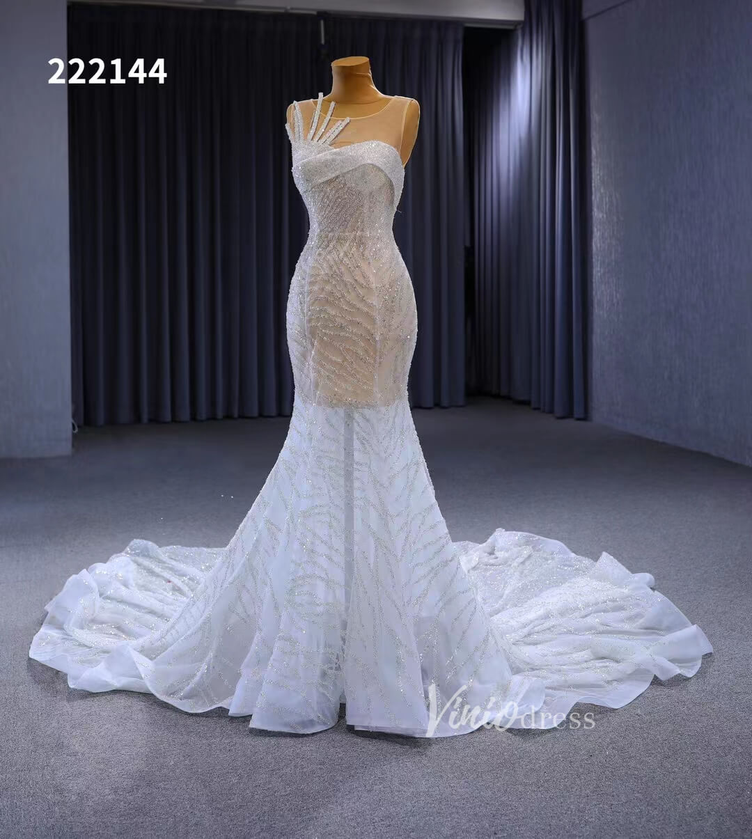 White Mermaid Wedding Dress Beaded Sheer Bridal Gown 222144-Evening Dresses 2025 -Viniodress-Ivory-Custom Size-