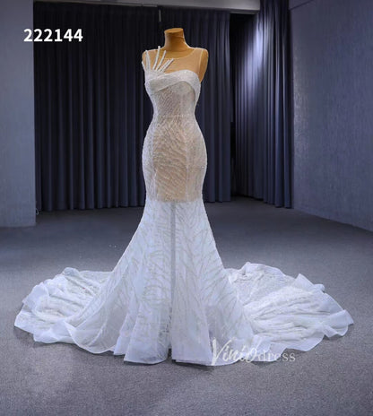 White Mermaid Wedding Dress Beaded Sheer Bridal Gown 222144-Evening Dresses 2025 -Viniodress-Ivory-Custom Size-