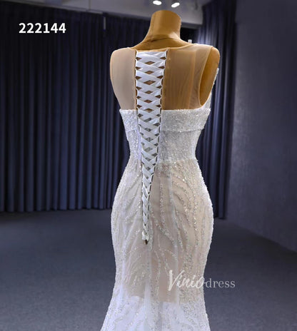 White Mermaid Wedding Dress Beaded Sheer Bridal Gown 222144-Evening Dresses 2025 -Viniodress-Ivory-Custom Size-