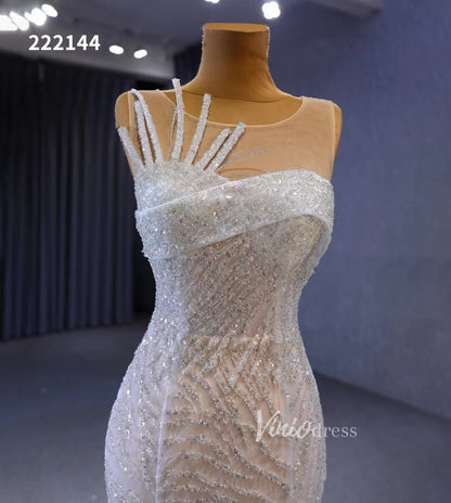 White Mermaid Wedding Dress Beaded Sheer Bridal Gown 222144-Evening Dresses 2025 -Viniodress-Ivory-Custom Size-