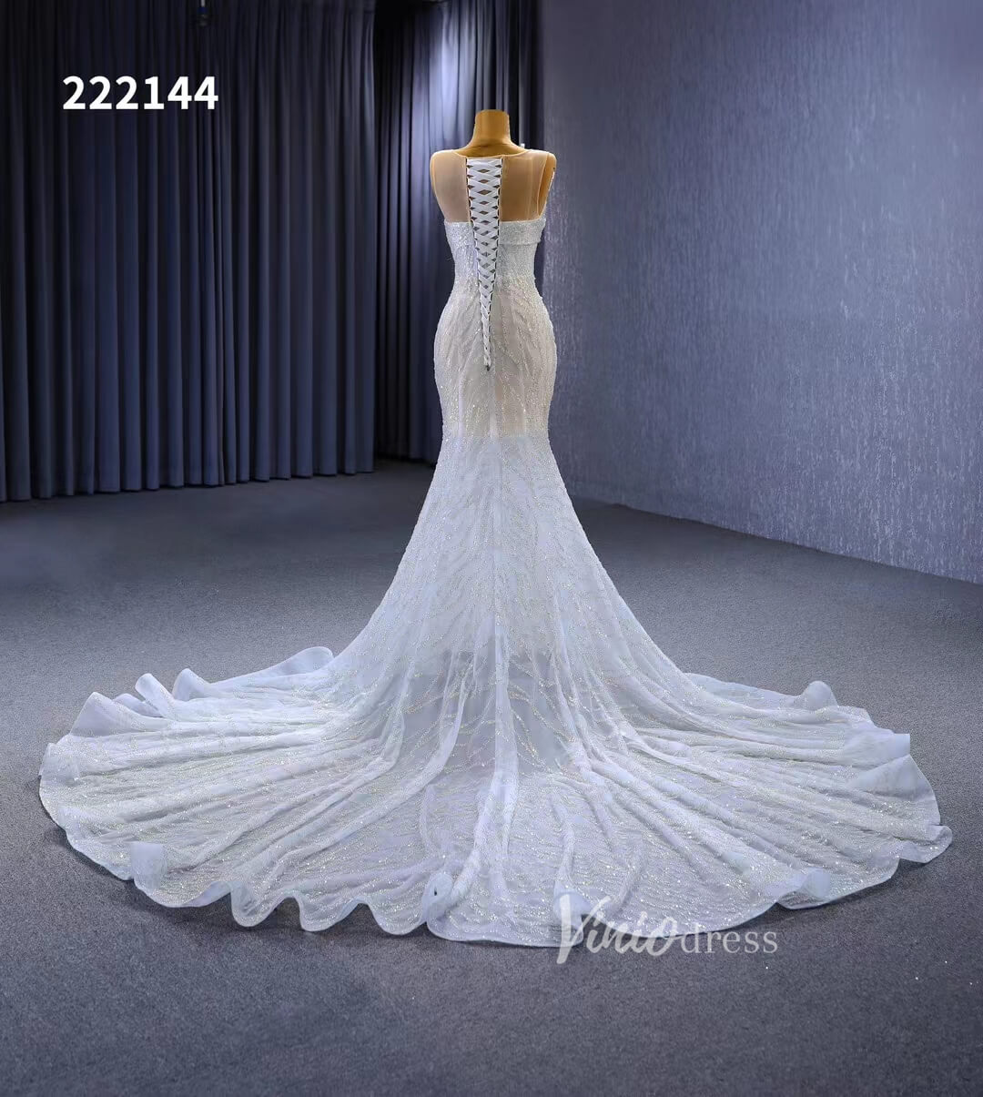 White Mermaid Wedding Dress Beaded Sheer Bridal Gown 222144-wedding dresses-Viniodress-Viniodress