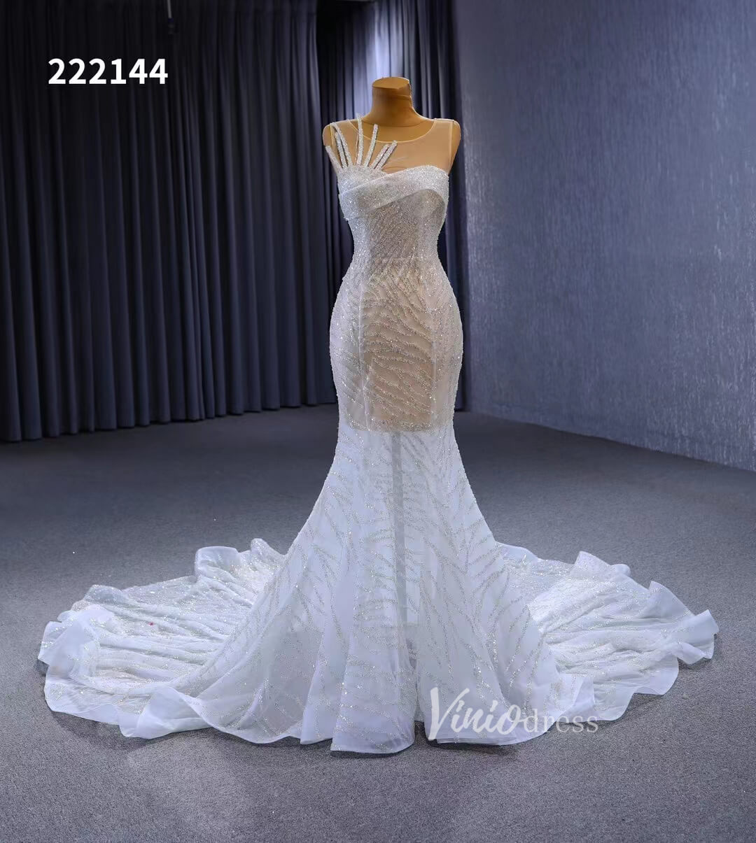 White Mermaid Wedding Dress Beaded Sheer Bridal Gown 222144-wedding dresses-Viniodress-Viniodress