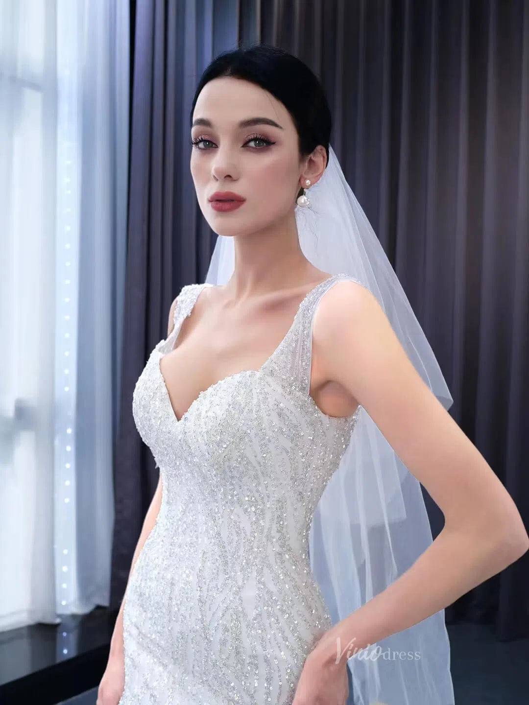 White Mermaid Wedding Dress V-neck Beaded Trumpet Bridal Gown 222148-wedding dresses 2025 -Viniodress-Ivory-Custom Size-