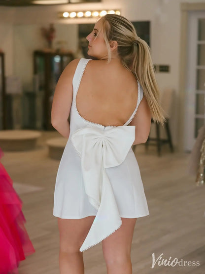 White Mini Dress with Pearl Detailing and Back Bow – SD1719-Homecoming Dresses 2025 -Viniodress-White-Custom Size-