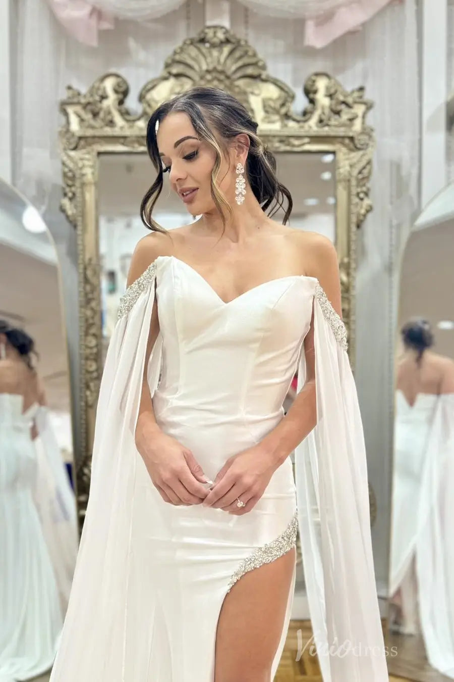 White Off-Shoulder Pageant Dress with Beaded Cape Sleeves and High Slit – PG002-wedding dresses 2025 -Viniodress-Ivory-Custom Size-