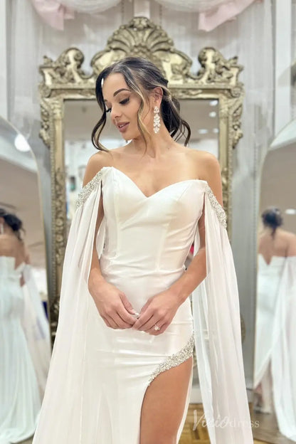 White Off-Shoulder Pageant Dress with Beaded Cape Sleeves and High Slit – PG002-wedding dresses 2025 -Viniodress-Ivory-Custom Size-