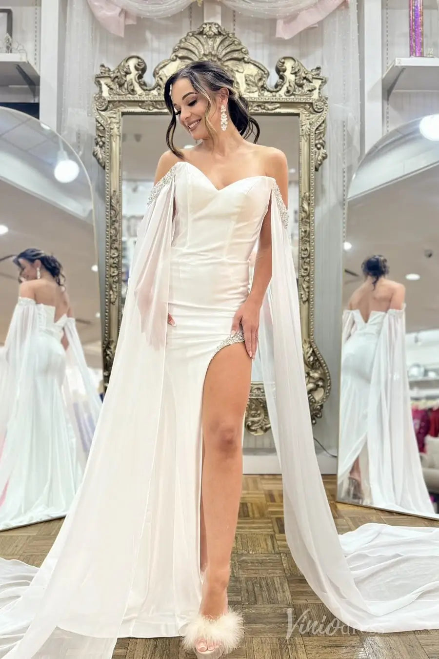 White Off-Shoulder Pageant Dress with Beaded Cape Sleeves and High Slit – PG002-wedding dresses 2025 -Viniodress-Ivory-Custom Size-