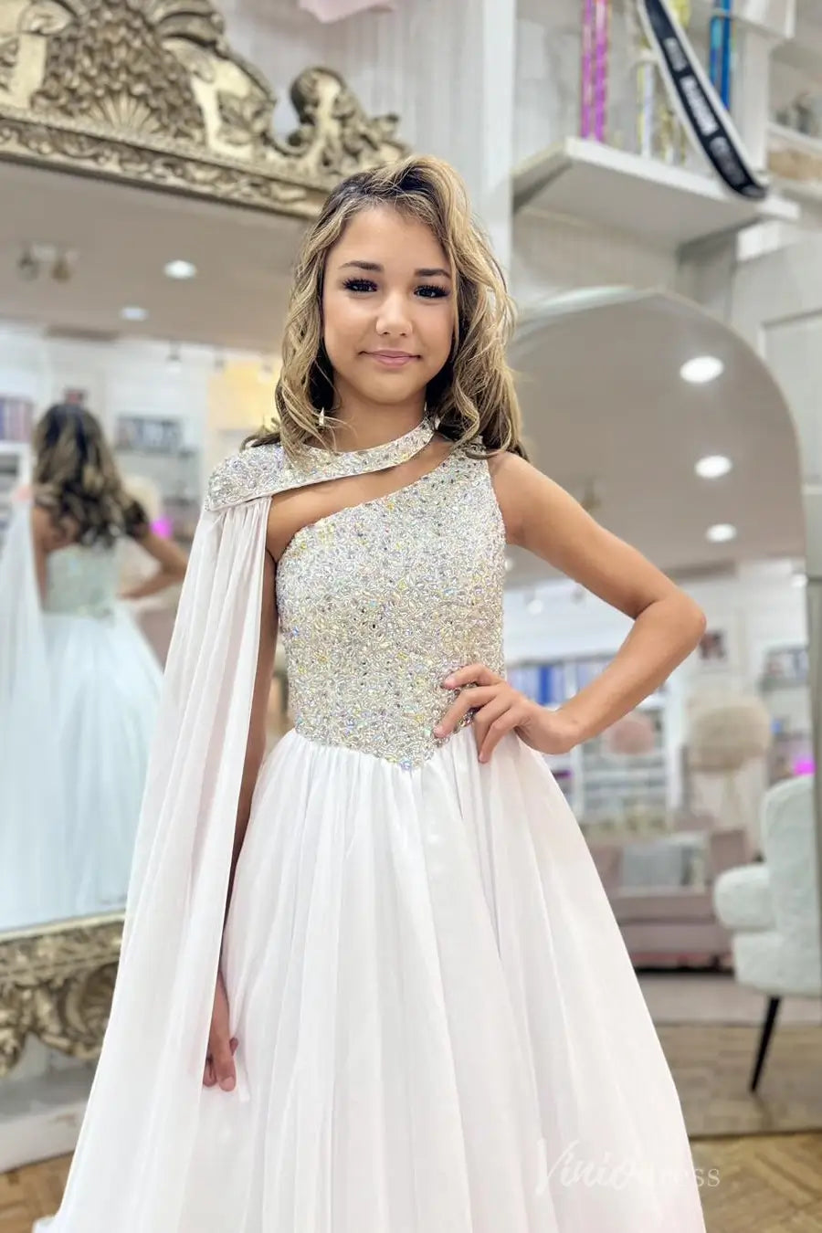 White One-Shoulder Girls Pageant Dress with Beaded Bodice and Floor-Length Cape – PG010-prom dresses 2025 -Viniodress-Ivory-Custom Size-