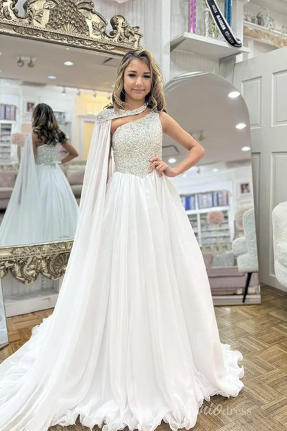 White One-Shoulder Girls Pageant Dress with Beaded Bodice and Floor-Length Cape – PG010-prom dresses 2025 -Viniodress-Ivory-Custom Size-