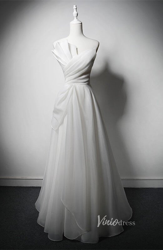 White Organza Prom Dresses Strapless Ruched Bodice Formal Dress AD1214-prom dresses 2025 -Viniodress-White-Custom Size-