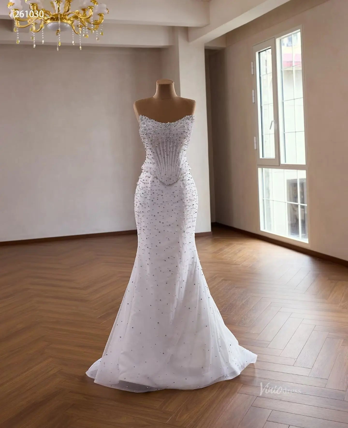 White Pearl Beaded Mermaid Wedding Dress with Overskirt 261030 Viniodress White Pearl Beaded Mermaid Wedding Dress with Overskirt 261030 Viniodress