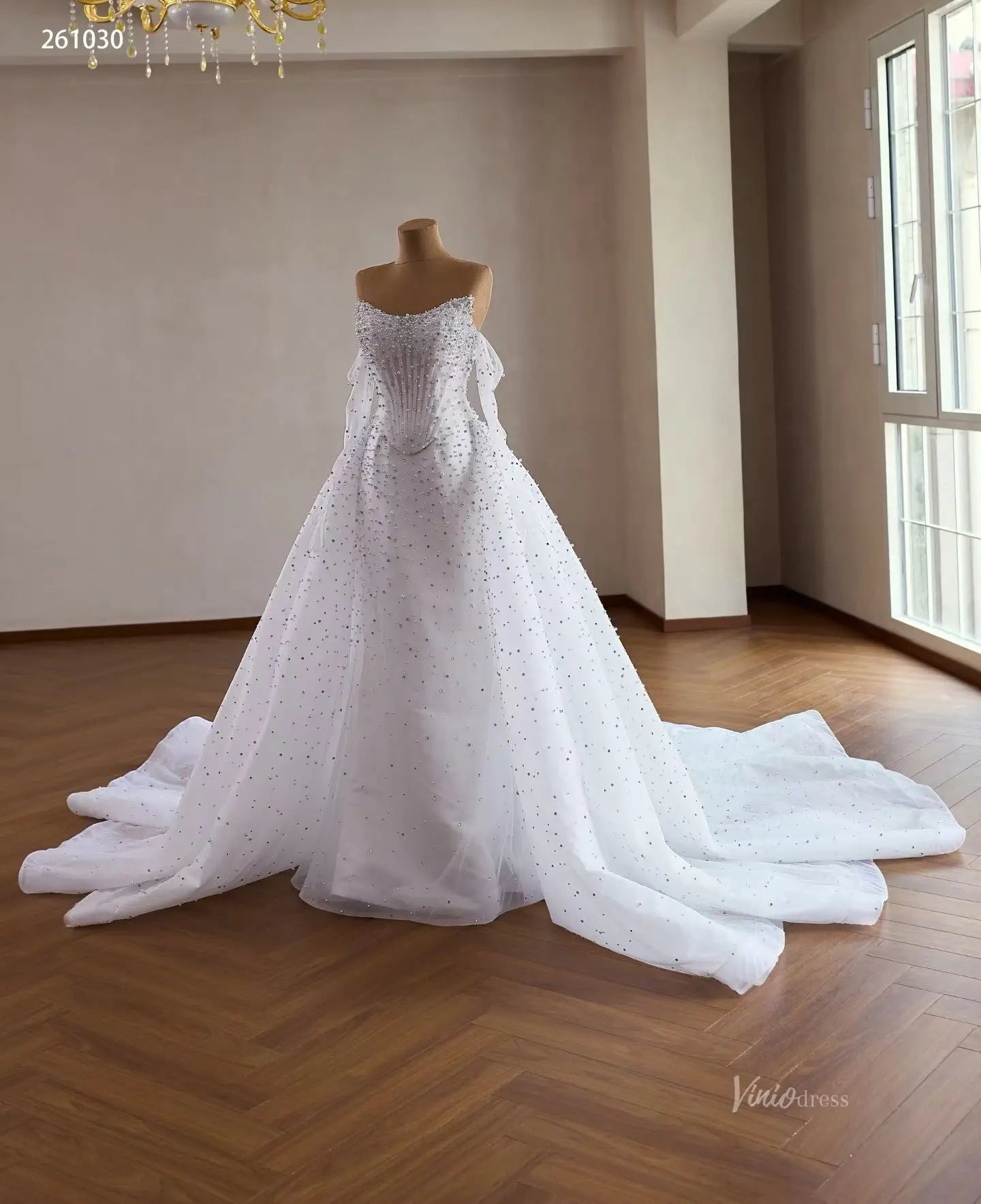 White Pearl Beaded Mermaid Wedding Dress with Overskirt – 261030 –  Viniodress