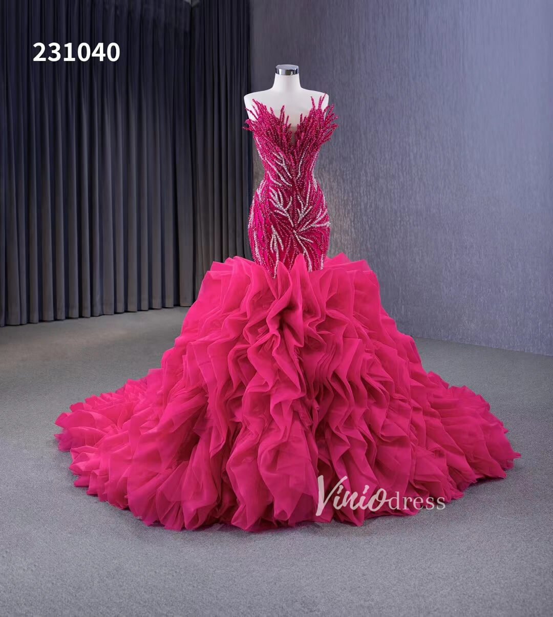 White Pearl Mermaid Wedding Dresses Tiered Strapless Pageant Dress 231040-wedding dresses 2025 -Viniodress-Fuchsia-Custom Size-