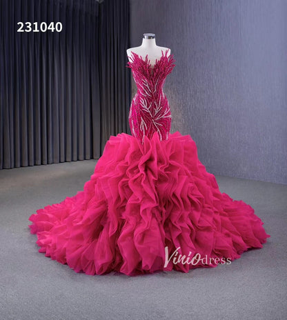 White Pearl Mermaid Wedding Dresses Tiered Strapless Pageant Dress 231040-wedding dresses 2025 -Viniodress-Fuchsia-Custom Size-