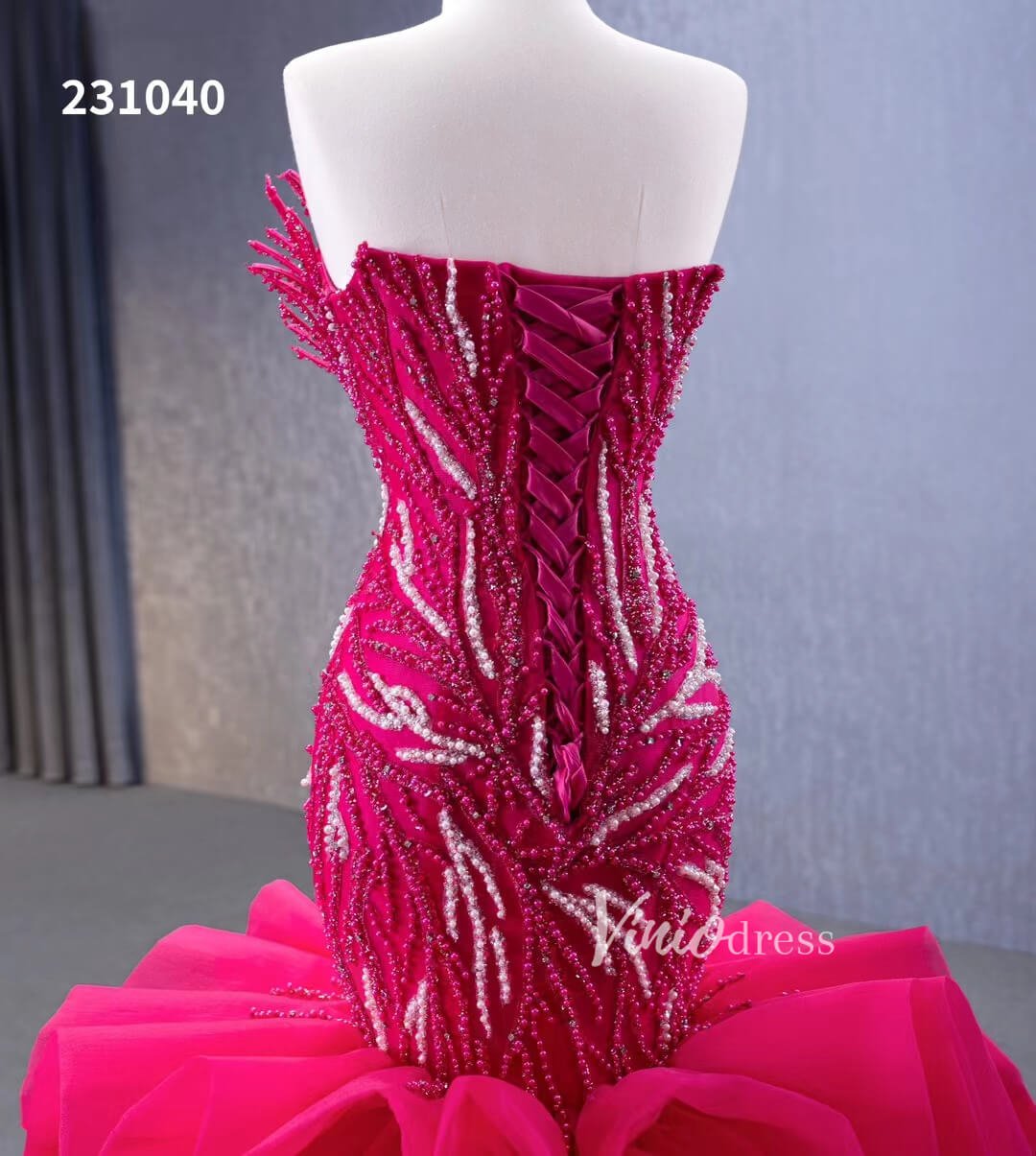 White Pearl Mermaid Wedding Dresses Tiered Strapless Pageant Dress 231040-wedding dresses 2025 -Viniodress-Fuchsia-Custom Size-