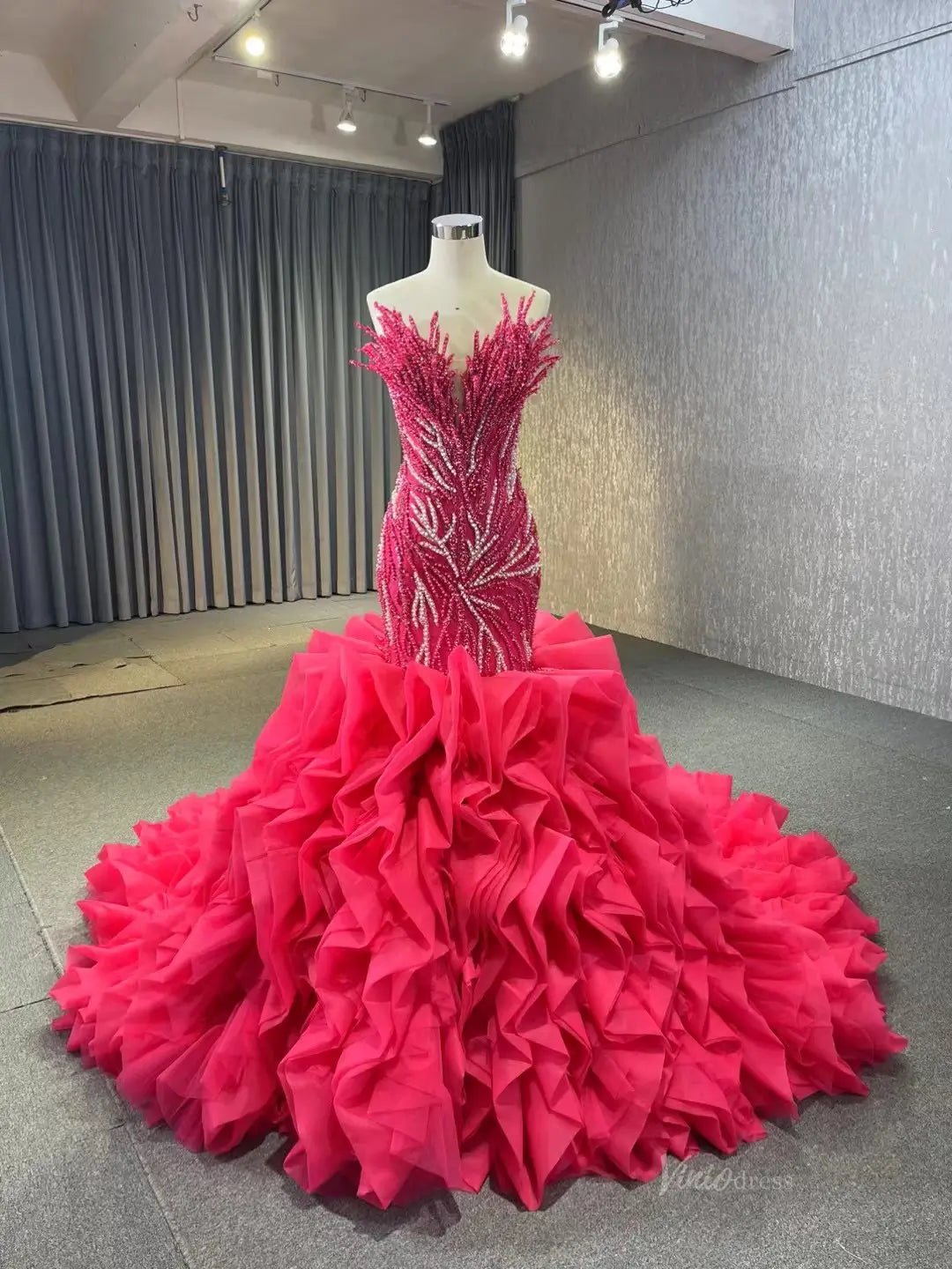 White Pearl Mermaid Wedding Dresses Tiered Strapless Pageant Dress 231040-wedding dresses 2025 -Viniodress-Fuchsia-Custom Size-