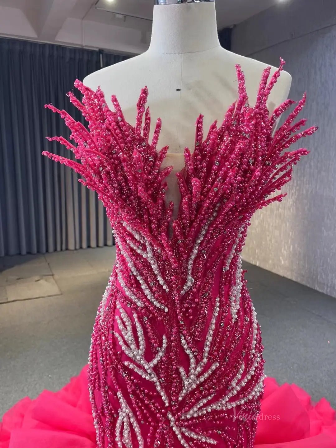 White Pearl Mermaid Wedding Dresses Tiered Strapless Pageant Dress 231040-wedding dresses 2025 -Viniodress-Fuchsia-Custom Size-