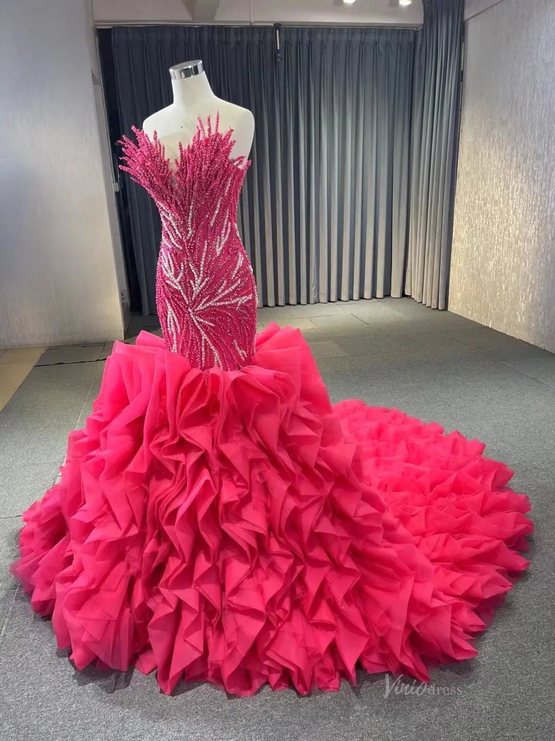 White Pearl Mermaid Wedding Dresses Tiered Strapless Pageant Dress 231040-wedding dresses 2025 -Viniodress-Fuchsia-Custom Size-