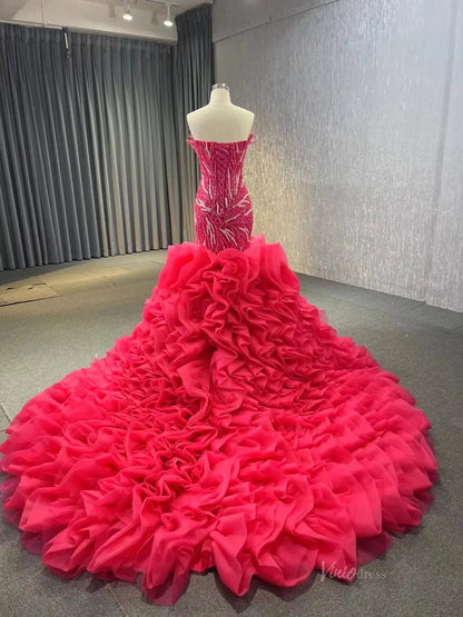 White Pearl Mermaid Wedding Dresses Tiered Strapless Pageant Dress 231040-wedding dresses 2025 -Viniodress-Fuchsia-Custom Size-