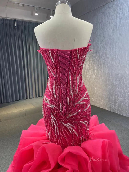 White Pearl Mermaid Wedding Dresses Tiered Strapless Pageant Dress 231040-wedding dresses 2025 -Viniodress-Fuchsia-Custom Size-