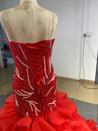 White Pearl Mermaid Wedding Dresses Tiered Strapless Pageant Dress 231040-wedding dresses 2025 -Viniodress-Fuchsia-Custom Size-