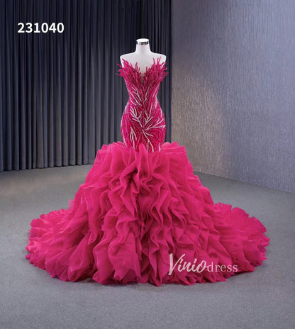 White Pearl Mermaid Wedding Dresses Tiered Strapless Pageant Dress 231040-wedding dresses 2025 -Viniodress-Fuchsia-Custom Size-