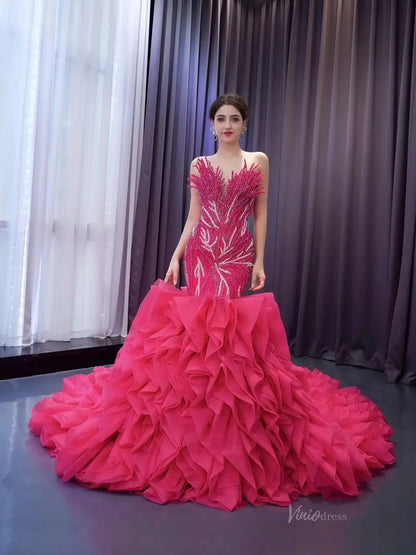 White Pearl Mermaid Wedding Dresses Tiered Strapless Pageant Dress 231040-wedding dresses 2025 -Viniodress-Fuchsia-Custom Size-