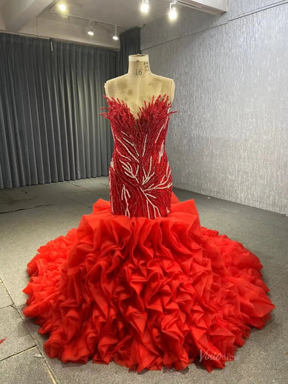 White Pearl Mermaid Wedding Dresses Tiered Strapless Pageant Dress 231040-wedding dresses 2025 -Viniodress-Red-Custom Size-