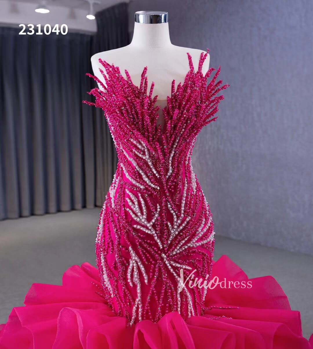 White Pearl Mermaid Wedding Dresses Tiered Strapless Pageant Dress 231040-wedding dresses 2025 -Viniodress-Fuchsia-Custom Size-