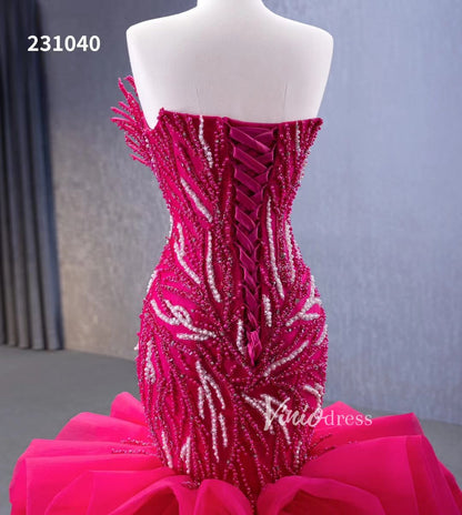 White Pearl Mermaid Wedding Dresses Tiered Strapless Pageant Dress 231040-wedding dresses 2025 -Viniodress-Fuchsia-Custom Size-