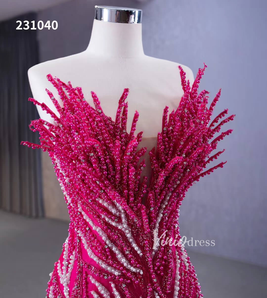 White Pearl Mermaid Wedding Dresses Tiered Strapless Pageant Dress 231040-wedding dresses 2025 -Viniodress-Fuchsia-Custom Size-
