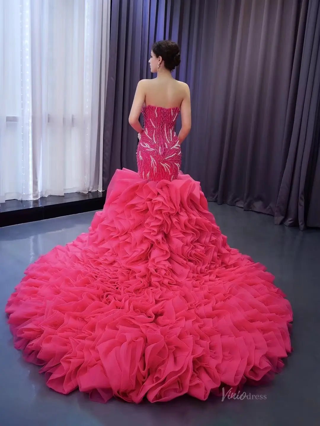 White Pearl Mermaid Wedding Dresses Tiered Strapless Pageant Dress 231040-wedding dresses 2025 -Viniodress-Fuchsia-Custom Size-