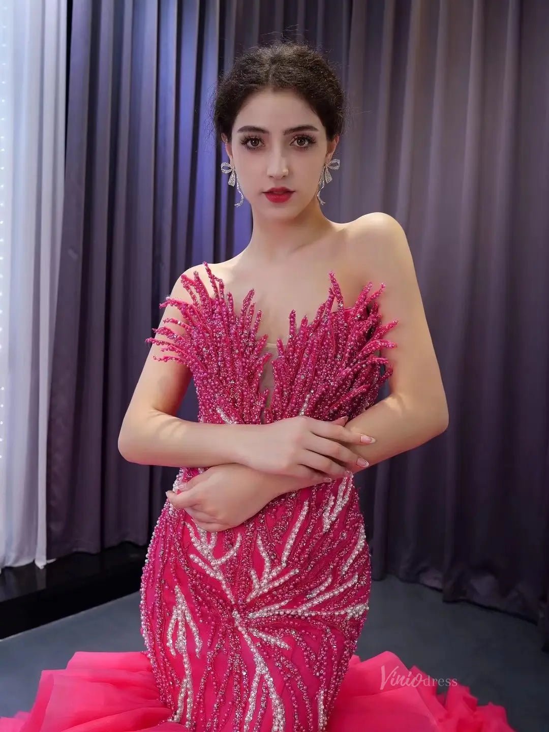 White Pearl Mermaid Wedding Dresses Tiered Strapless Pageant Dress 231040-wedding dresses 2025 -Viniodress-Fuchsia-Custom Size-